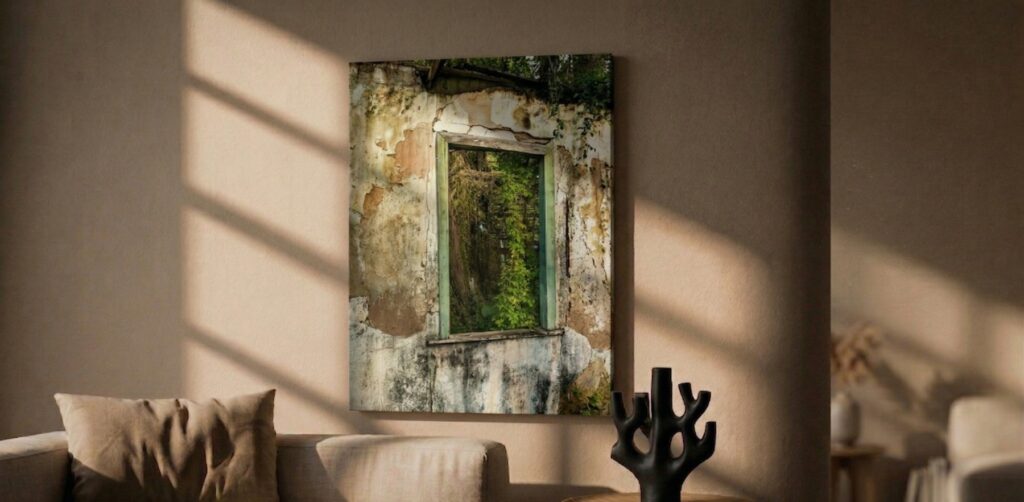 Vestígio: simulação da obra em canvas em uma sala